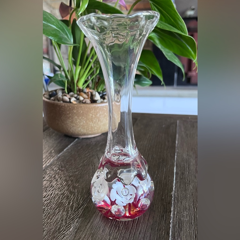 Vintage Joe St. Clair paperweight Floral Accented clear Glass Vase